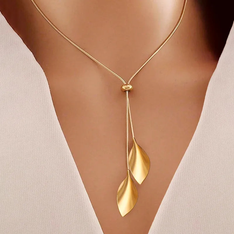 Leaf Drop Y-Necklace Gold